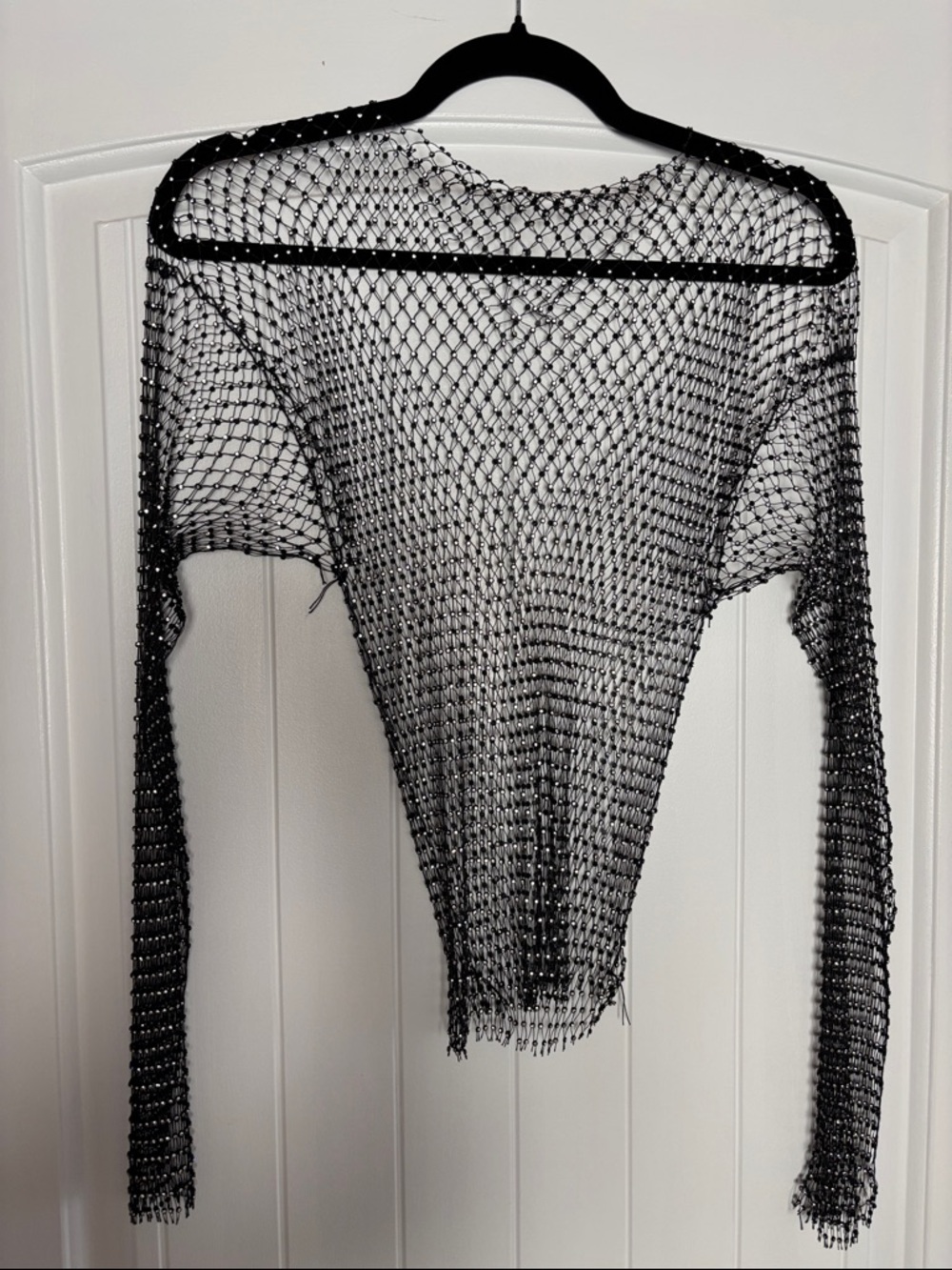 Black Stretch Sheer Knit Mesh Long Sleeve Top